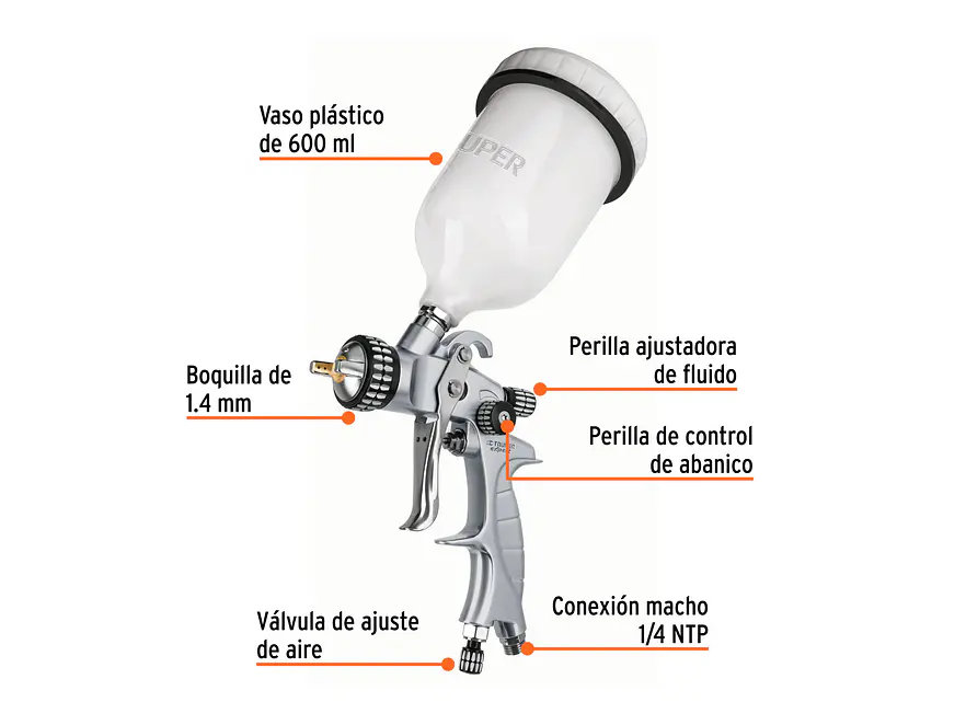Pistola para pintar gravedad LVMP Truper 11749, vaso plástico, 1.4 mm, Expert - Foto 2 | aztools.co