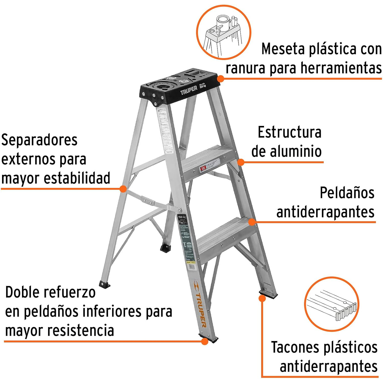 Escalera tipo tijera Truper 16740 T3 con 2 escalones, sin bandeja  2