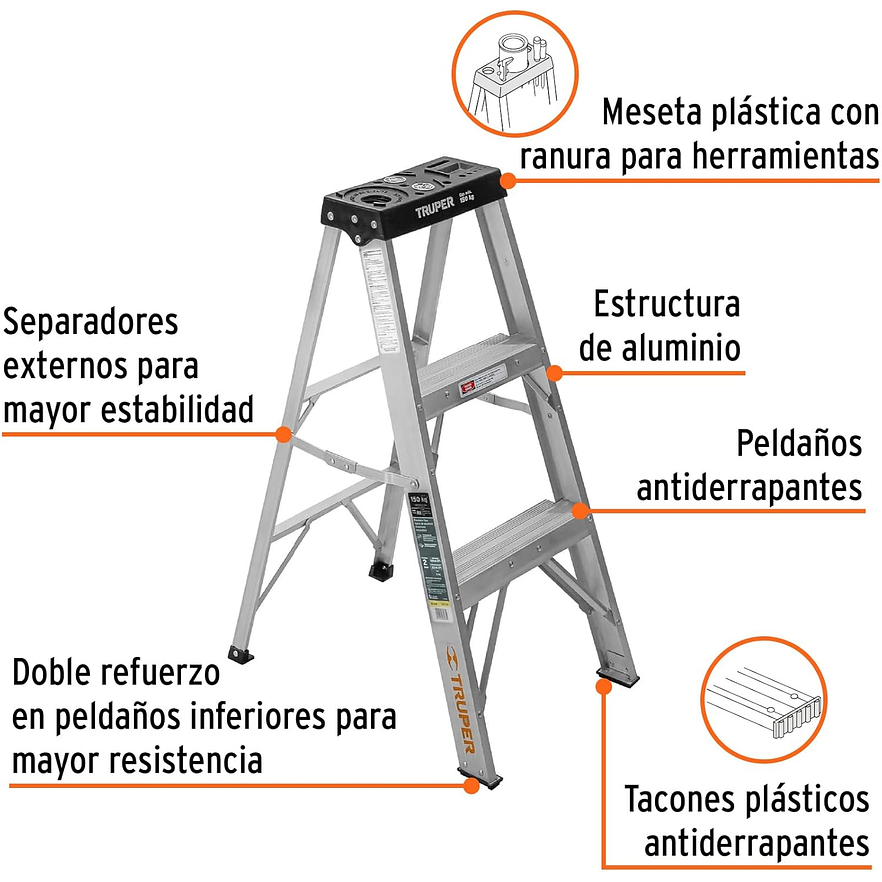 Escalera tipo tijera Truper 16740 T3 con 2 escalones, sin bandeja  2