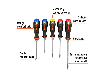 Juego de 5 destornilladores Truper 14138, mangos Comfort Grip  - Foto 2 | aztools.co