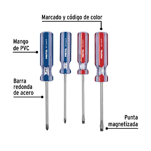 Juego de destornilladores, 4 piezas, mango PVC, Pretul 20212