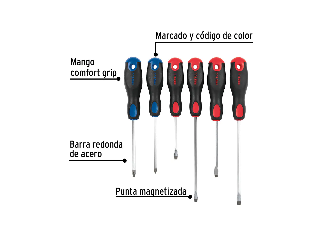 Juego de destornilladores, 6 piezas, mango Comfort Grip, Pretul 20220 - Foto 2 | aztools.co