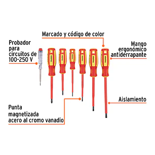 Juego de 6 destornilladores dieléctricos y 1 tester Truper 14196