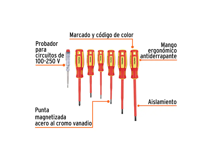 Juego de 6 destornilladores dieléctricos y 1 tester Truper 14196 - Foto 2 | aztools.co