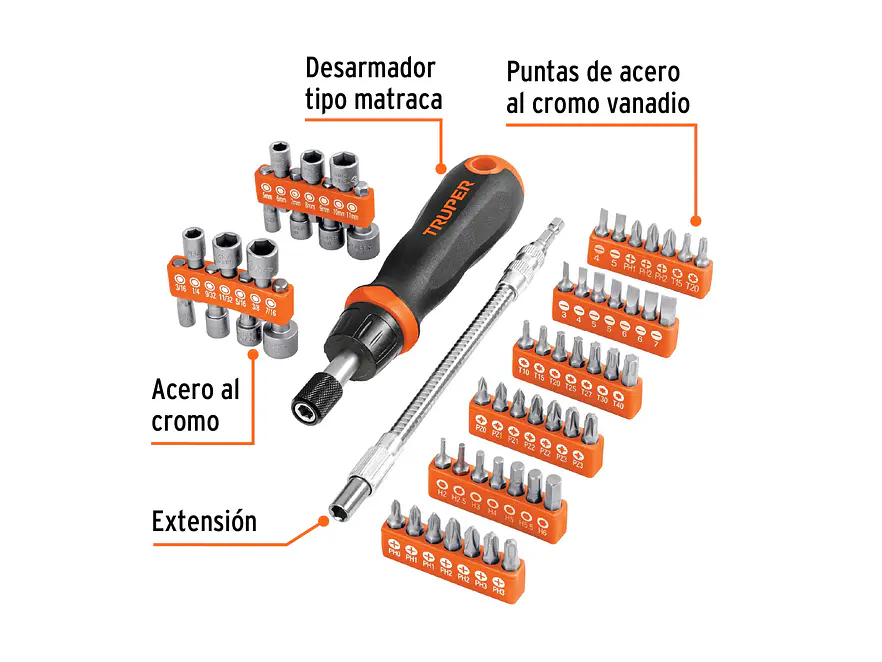 Juego de desarmador tipo matraca, 58 piezas Truper 18220 - Foto 3 | aztools.co