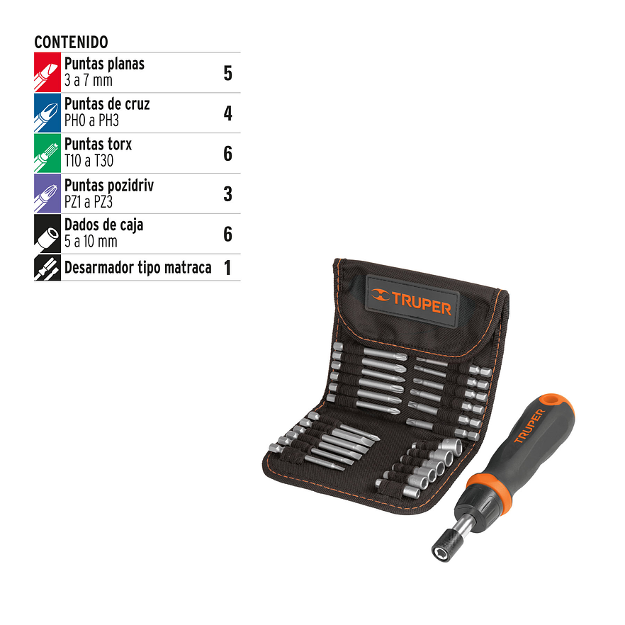 Destornillador tipo ratchet con 18 puntas y 6 copas Truper 18219 2