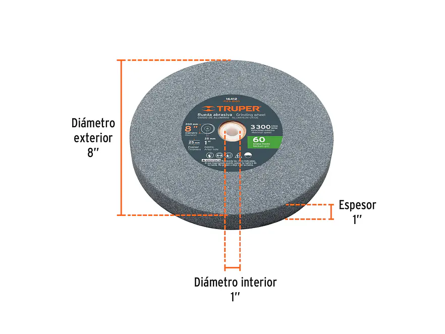 Ruedas para esmeril 8 x 1' óxido de aluminio, grano 60 Truper 16412 - Foto 2 | aztools.co