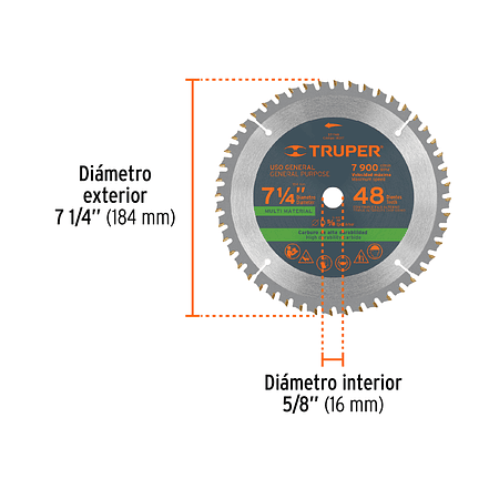 Disco sierra p/plástico 7-1/4', 48 dientes, centro 5/8'