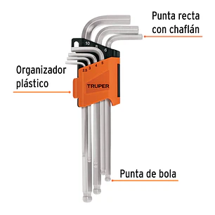 Juego de 7 llaves bristol extralargas métricas con organizador Truper 15548