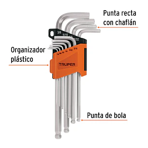 Juego de 10 llaves bristol, punta bola, largas, en pulgadas Truper 13643