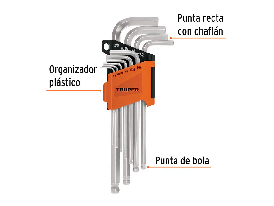 Juego de 10 llaves bristol, punta bola, largas, en pulgadas Truper 13643 - Foto 2 | aztools.co