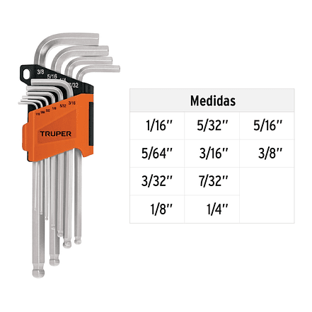 Juego de 10 llaves bristol, punta bola, largas, en pulgadas Truper 13643 3