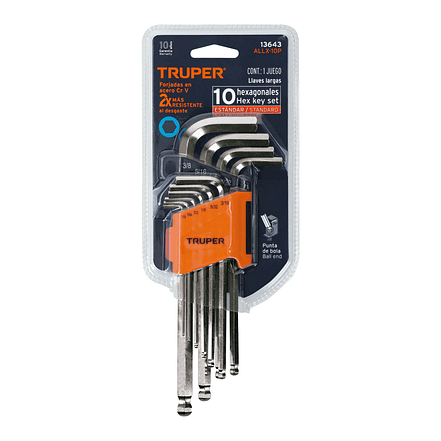 Juego de 10 llaves bristol, punta bola, largas, en pulgadas Truper 13643 4