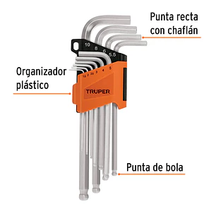 Juego de 10 llaves bristol, punta bola, largas, métricas Truper 13644