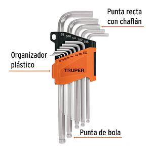 Juego de 13 llaves bristol, punta bola, largas, en pulgadas Truper 13645