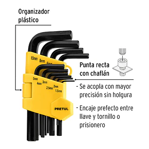 Juego de 10 llaves bristol métricas c/organizador, Pretul 21855