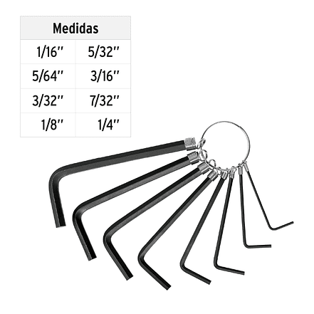 Juego de 8 llaves bristol tipo llavero, en pulgadas, Pretul 21850 3