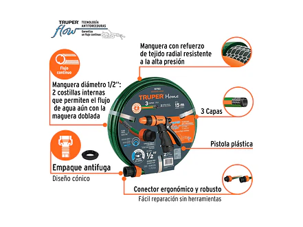 Combo de manguera MAN-15X1/RE y pistola PR-401, 15 m Truper 19750 - Foto 2 | aztools.co