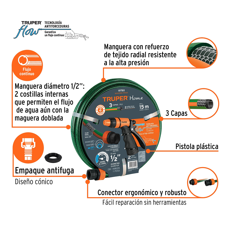 Combo de manguera MAN-15X1/RE y pistola PR-401, 15 m Truper 19750 - Foto 2 | aztools.co