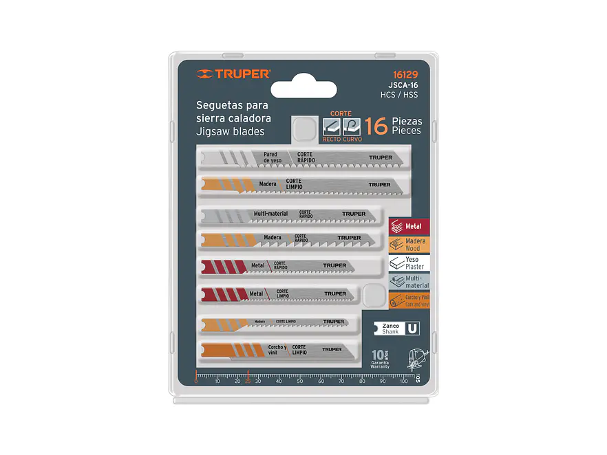 Juego seguetas caladoras, zanco u, cortes rectos, 16 piezas Truper 16129 - Foto 2 | aztools.co