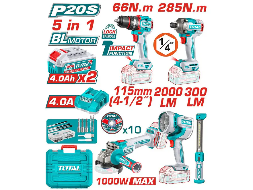 Combo Inalámbrico TOTAL TOOLS UTOSLI250692 20V (5 Herramientas, 2 Baterías 4.0Ah) - Envío a todo Colombia | aztools.co