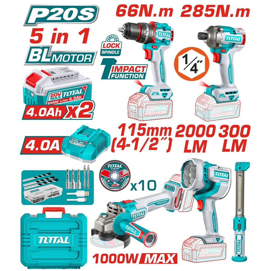 Combo Inalámbrico TOTAL TOOLS UTOSLI250692 20V (5 Herramientas, 2 Baterías 4.0Ah) - Envío a todo Colombia | aztools.co