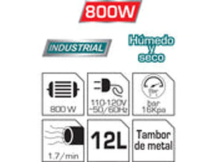 Aspiradora y Sopladora TOTAL UTVC14122 12L 800W Húmedo y Seco Industrial - Foto 3 | aztools.co