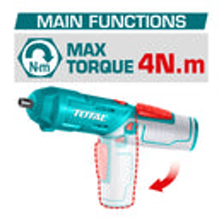 Atornillador Inalambrico 4V Total Tsdli0442, Estuche Plastico + 16 Puntas Taladro De 25Mm, 2 De 50Mm Super  2