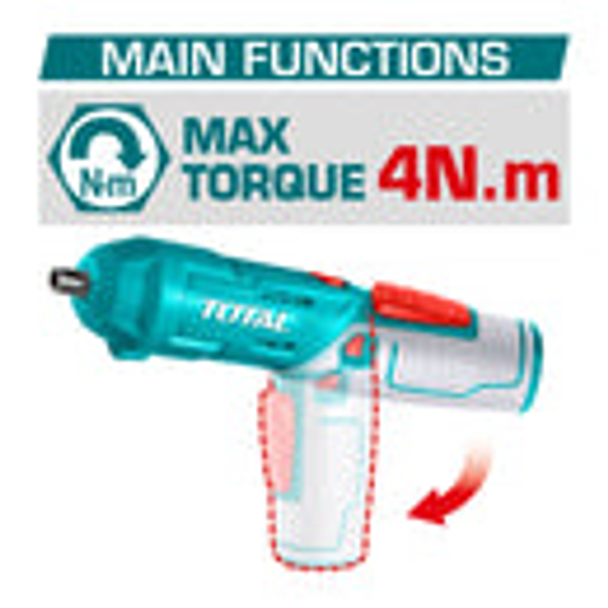 Atornillador Inalambrico 4V Total Tsdli04425, Estuche Plastico + 20 Puntas Taladro De 25Mm, 2 De 50Mm, 1 Broca Y Conector  - Foto 2 | aztools.co