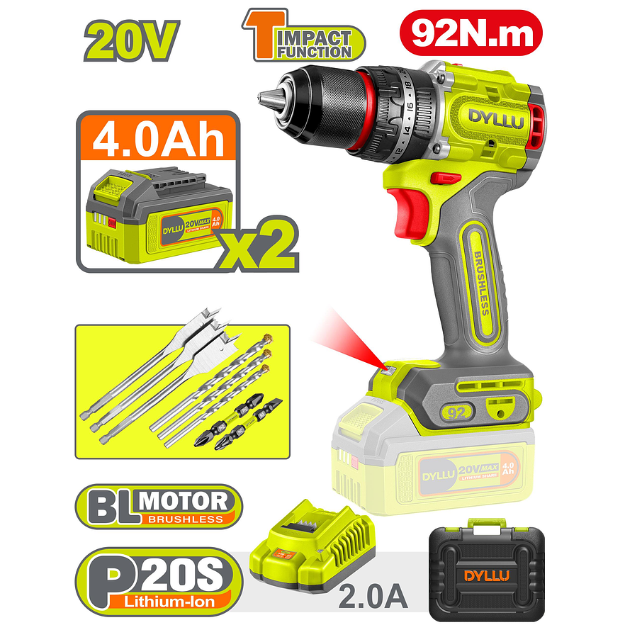 Taladro Inalámbrico Percutor 1/2 DYLLU UDTCDP9281 92NM 20V - Envío a todo Colombia | aztools.co