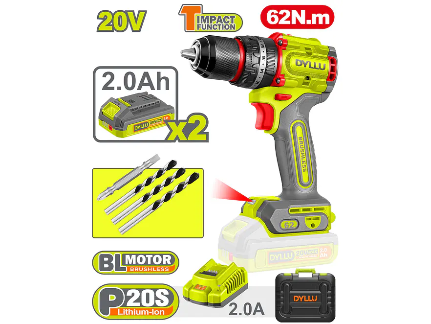 Taladro Inalámbrico Percutor 1/2 DYLLU UDTCDP6281 62NM 20V - Foto 2 | aztools.co