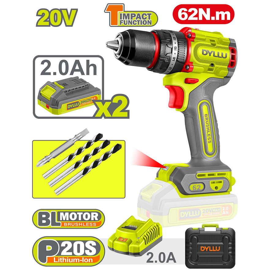 Taladro Inalámbrico Percutor 1/2 DYLLU UDTCDP6281 62NM 20V - Foto 3 | aztools.co