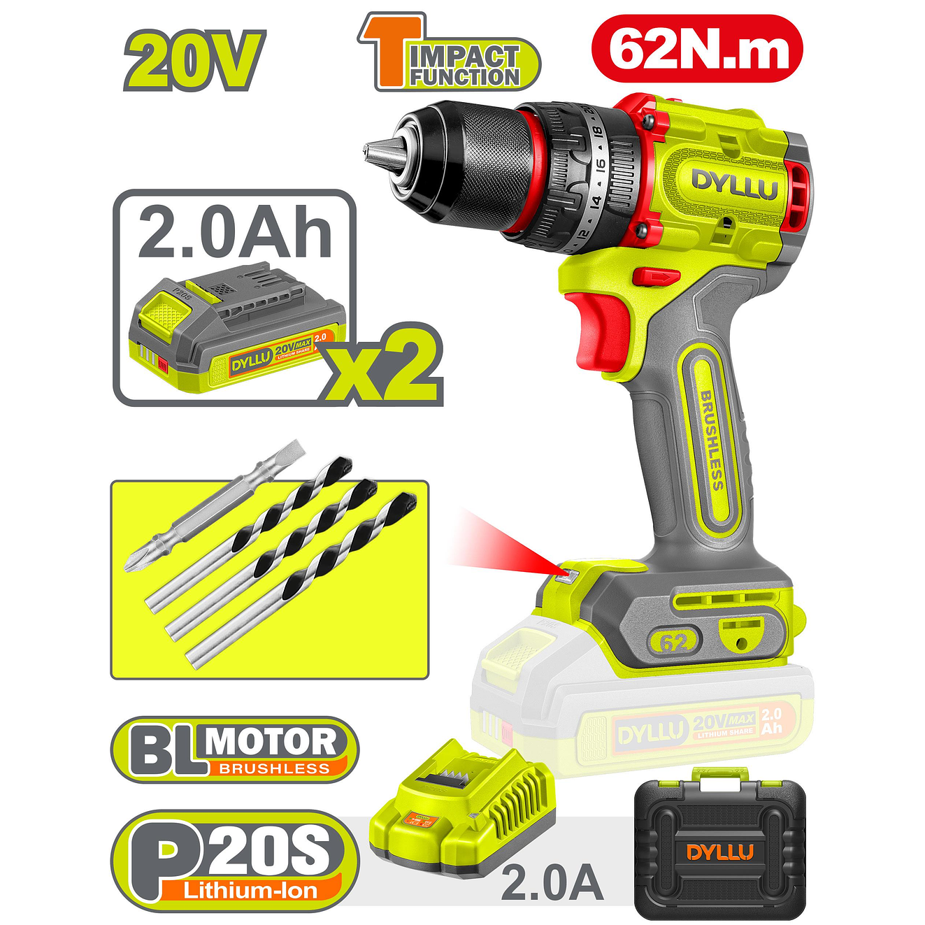 Taladro Inalámbrico Percutor 1/2 DYLLU UDTCDP6281 62NM 20V 4