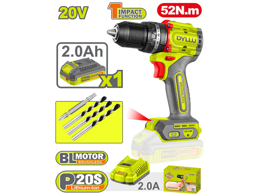 Taladro Inalámbrico Percutor 1/2 DYLLU UDTCDP5282 52NM 20V - Envío a todo Colombia | aztools.co