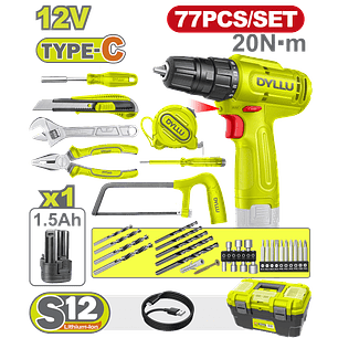 Taladro Inalámbrico 3/8 DYLLU DTDT4B77 12V + Kit 77 Pzs