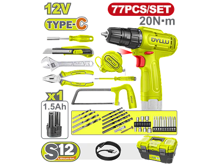 Taladro Inalámbrico 3/8 DYLLU DTDT4B77 12V + Kit 77 Pzs - Envío a todo Colombia | aztools.co