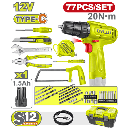 Taladro Inalámbrico 3/8 DYLLU DTDT4B77 12V + Kit 77 Pzs