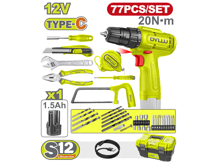 Taladro Inalámbrico 3/8 DYLLU DTDT4B77 12V + Kit 77 Pzs - Envío a todo Colombia | aztools.co