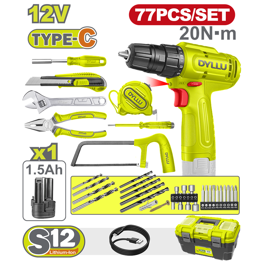 Taladro Inalámbrico 3/8 DYLLU DTDT4B77 12V + Kit 77 Pzs - Envío a todo Colombia | aztools.co