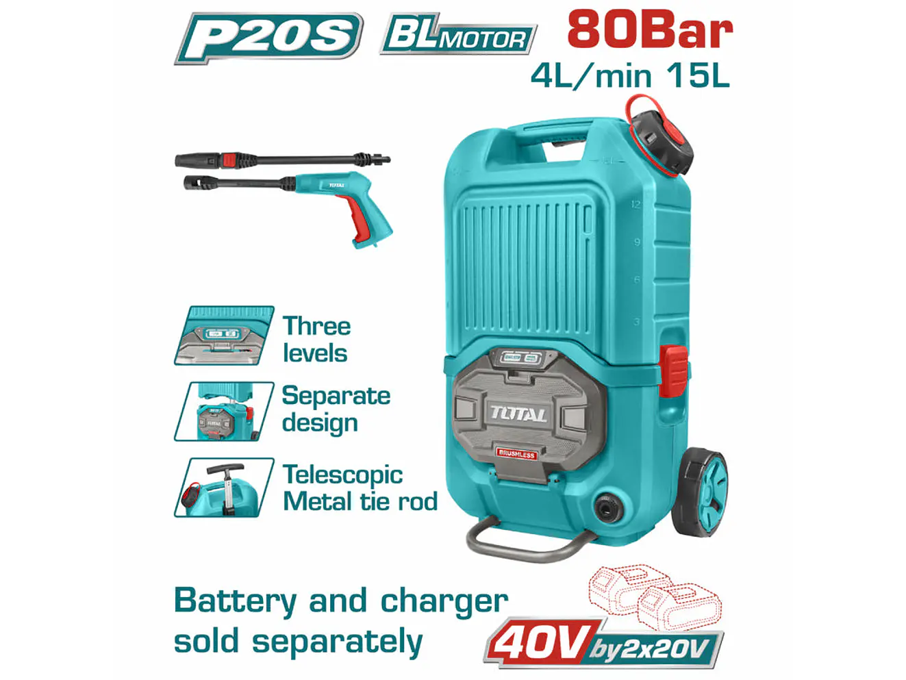 Hidrolavadora Inalámbrica 40V TOTAL TPWLI4006 Industrial 1160 PSI (Solo Herramienta) - Foto 1 | aztools.co