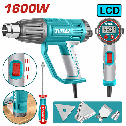 Pistola calor con temperatura ajustable LCD 1600W, Incluye 3 boquillas y 1 rascador industrial Total UTB16056 1