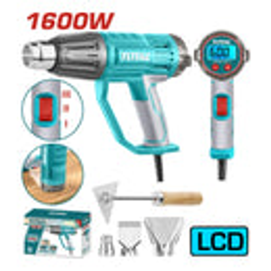 Pistola calor con temperatura ajustable LCD 1600W, Incluye 3 boquillas y 1 rascador industrial Total UTB16056 2