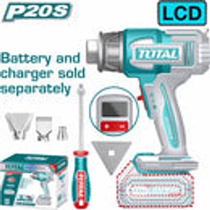 Pistola calor inalambrica 20V cont temperatura ajsutable Total TBLI2003, Pantalla LCD, incluye 4 boquillas, Bateria y cargador no incluidos y 1 rascador 