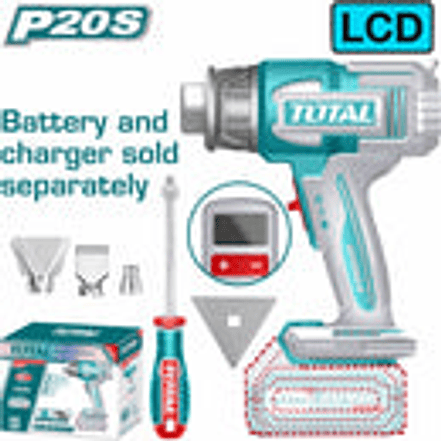 Pistola calor inalambrica 20V cont temperatura ajsutable Total TBLI2003, Pantalla LCD, incluye 4 boquillas, Bateria y cargador no incluidos y 1 rascador  1