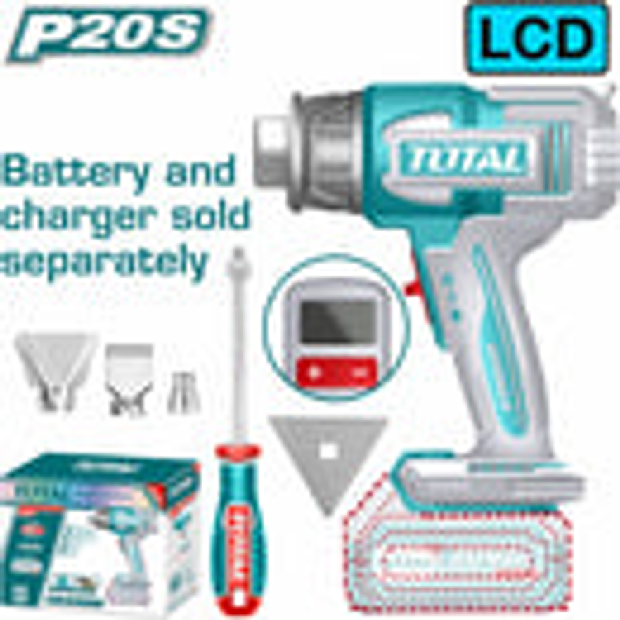 Pistola calor inalambrica 20V cont temperatura ajsutable Total TBLI2003, Pantalla LCD, incluye 4 boquillas, Bateria y cargador no incluidos y 1 rascador  1