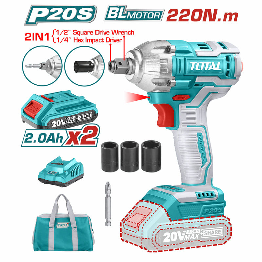 Pistola de impacto inalambrica 1/2 20V, Total UTIWLI20208, Incluye 2 baterias y 1 cargador, copas de 171921, y punta destornillador 1