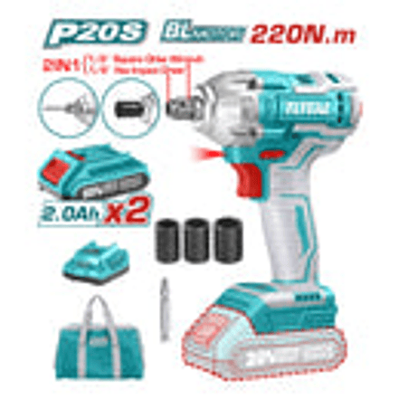 Pistola de impacto inalambrica 1/2 20V, Total UTIWLI20208, Incluye 2 baterias y 1 cargador, copas de 171921, y punta destornillador 2