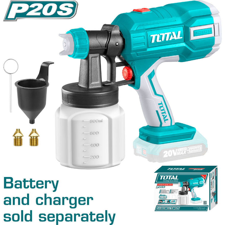 Pistola para pintar inalambrica 800 ml, 20v, Total TSGLI2003, Incluye aguja de limpieza y 2 boquillas, Bateria y cvargador no incluidos 