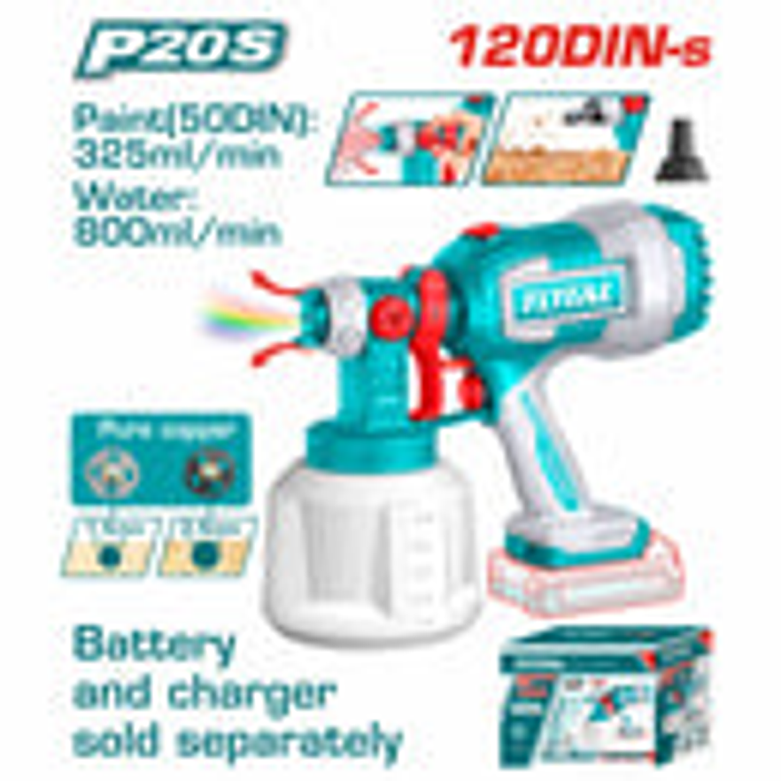 Pistola para pintar inalambrica 800ml, 20V , Total TSGLI2004, Incluye aguja de limpieza y 2 boquillas, Baterias y cargador no incluidos 1