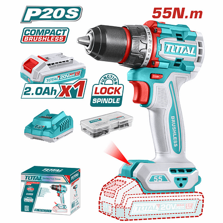 Taladro atornilllador inalambrico 1/2 20V, 55NM, Total UTDLI205582, Incluye 1 bateria, cargador y 47 accesorios 1